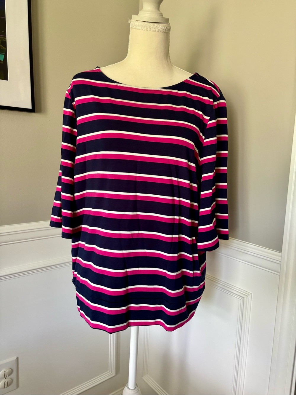 Striped boatneck top with elbow-length flutter sleeves